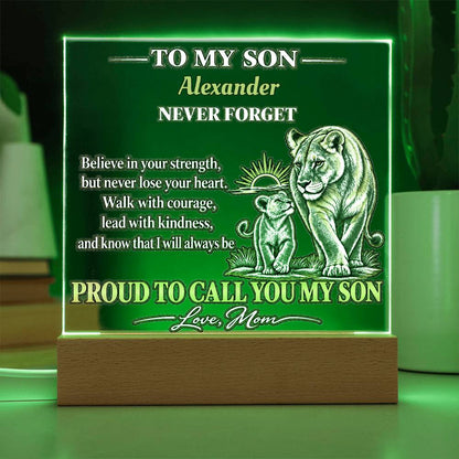 Personalized To My Son Acrylic Plaque, Lioness and Cub Gift from Mom, Custom Son Name LED Light, Birthday or Graduation Gift