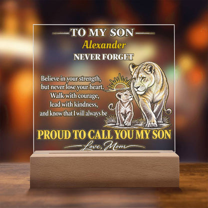 Personalized To My Son Acrylic Plaque, Lioness and Cub Gift from Mom, Custom Son Name LED Light, Birthday or Graduation Gift