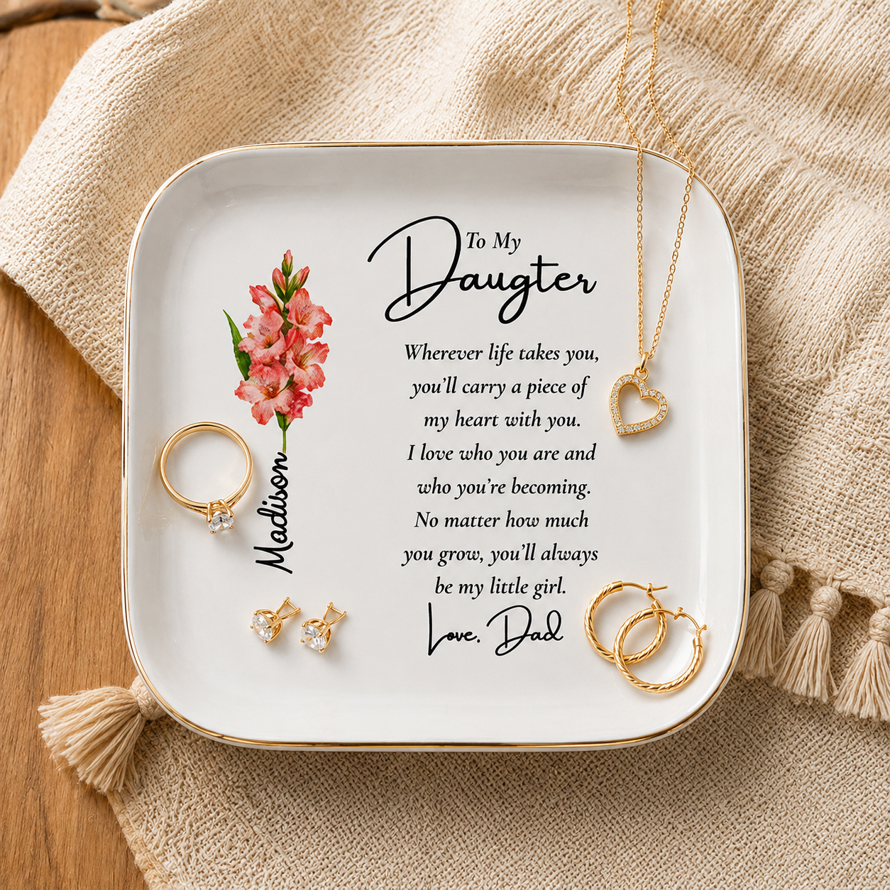 Personalized Birth Flower Jewelry Dish – Custom Name Gift for Her 🌸