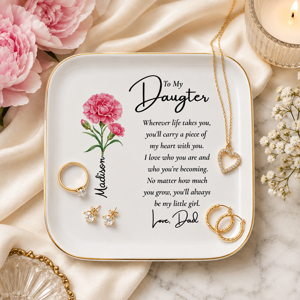 Personalized Birth Flower Jewelry Dish – Custom Name Gift for Her 🌸