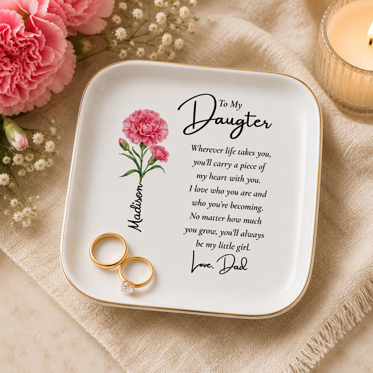 Personalized Birth Flower Jewelry Dish – Custom Name Gift for Her 🌸