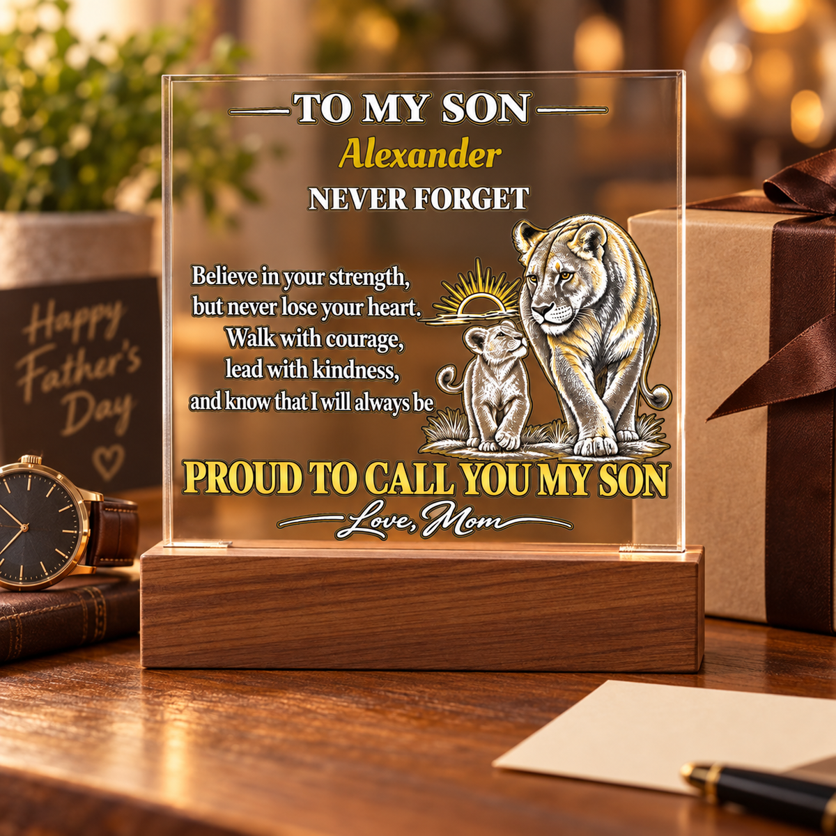 Personalized To My Son Acrylic Plaque, Lioness and Cub Gift from Mom, Custom Son Name LED Light, Birthday or Graduation Gift