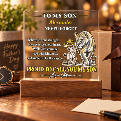 Personalized To My Son Acrylic Plaque, Lioness and Cub Gift from Mom, Custom Son Name LED Light, Birthday or Graduation Gift