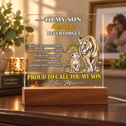 Personalized To My Son Acrylic Plaque, Lioness and Cub Gift from Mom, Custom Son Name LED Light, Birthday or Graduation Gift