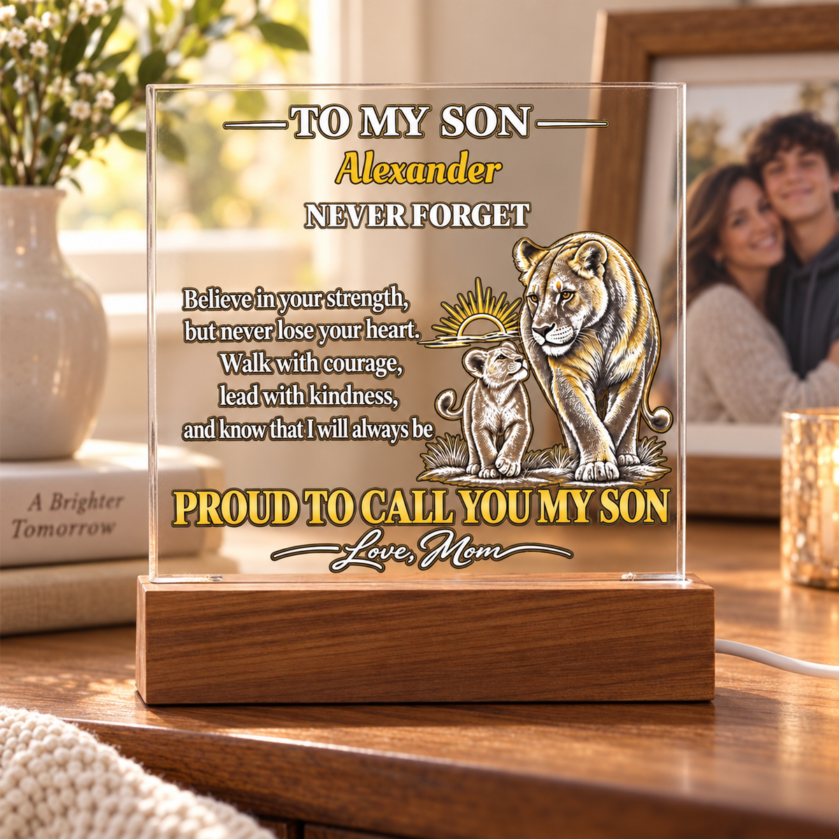 Personalized To My Son Acrylic Plaque, Lioness and Cub Gift from Mom, Custom Son Name LED Light, Birthday or Graduation Gift