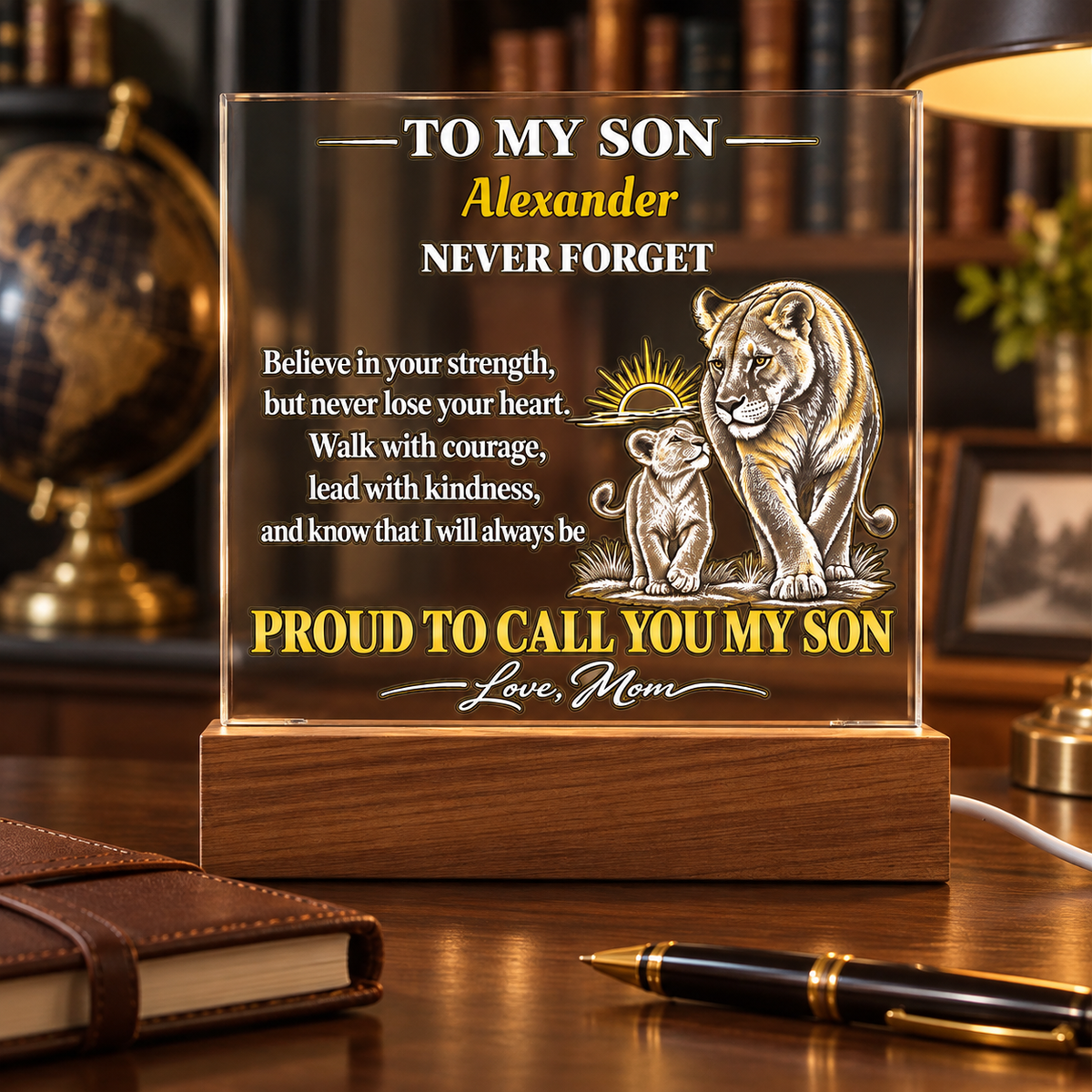 Personalized To My Son Acrylic Plaque, Lioness and Cub Gift from Mom, Custom Son Name LED Light, Birthday or Graduation Gift