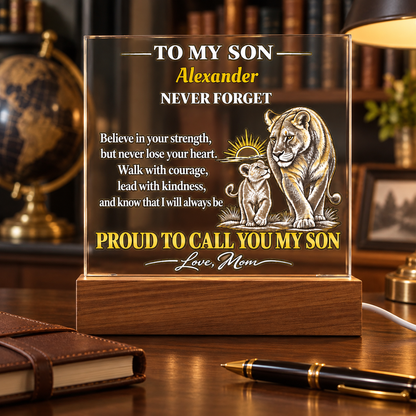 Personalized To My Son Acrylic Plaque, Lioness and Cub Gift from Mom, Custom Son Name LED Light, Birthday or Graduation Gift