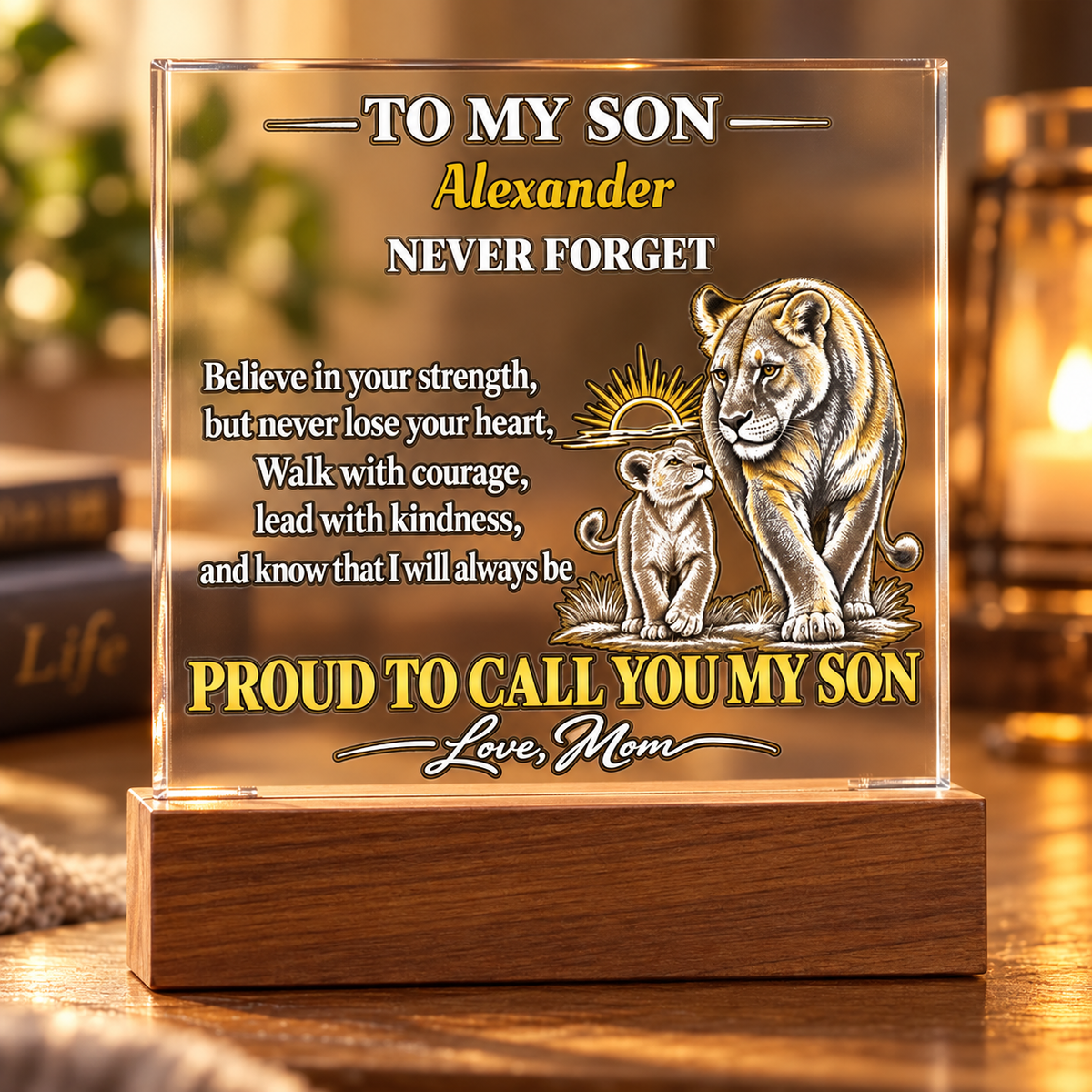Personalized To My Son Acrylic Plaque, Lioness and Cub Gift from Mom, Custom Son Name LED Light, Birthday or Graduation Gift