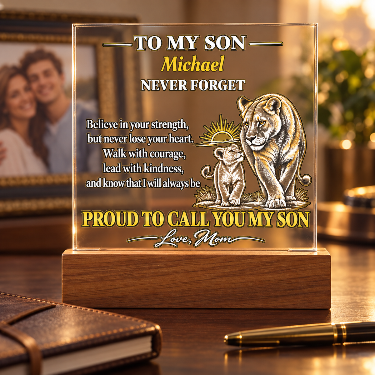 Personalized To My Son Acrylic Plaque, Lioness and Cub Gift from Mom, Custom Son Name LED Light, Birthday or Graduation Gift