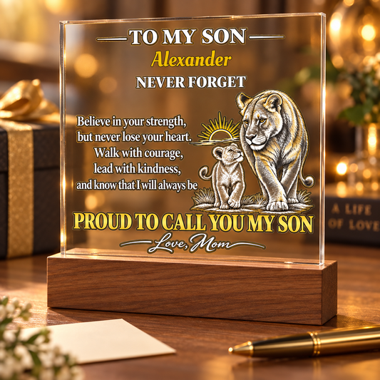 Personalized “To My Son” Lioness & Cub LED Night Light – Gift From Mom