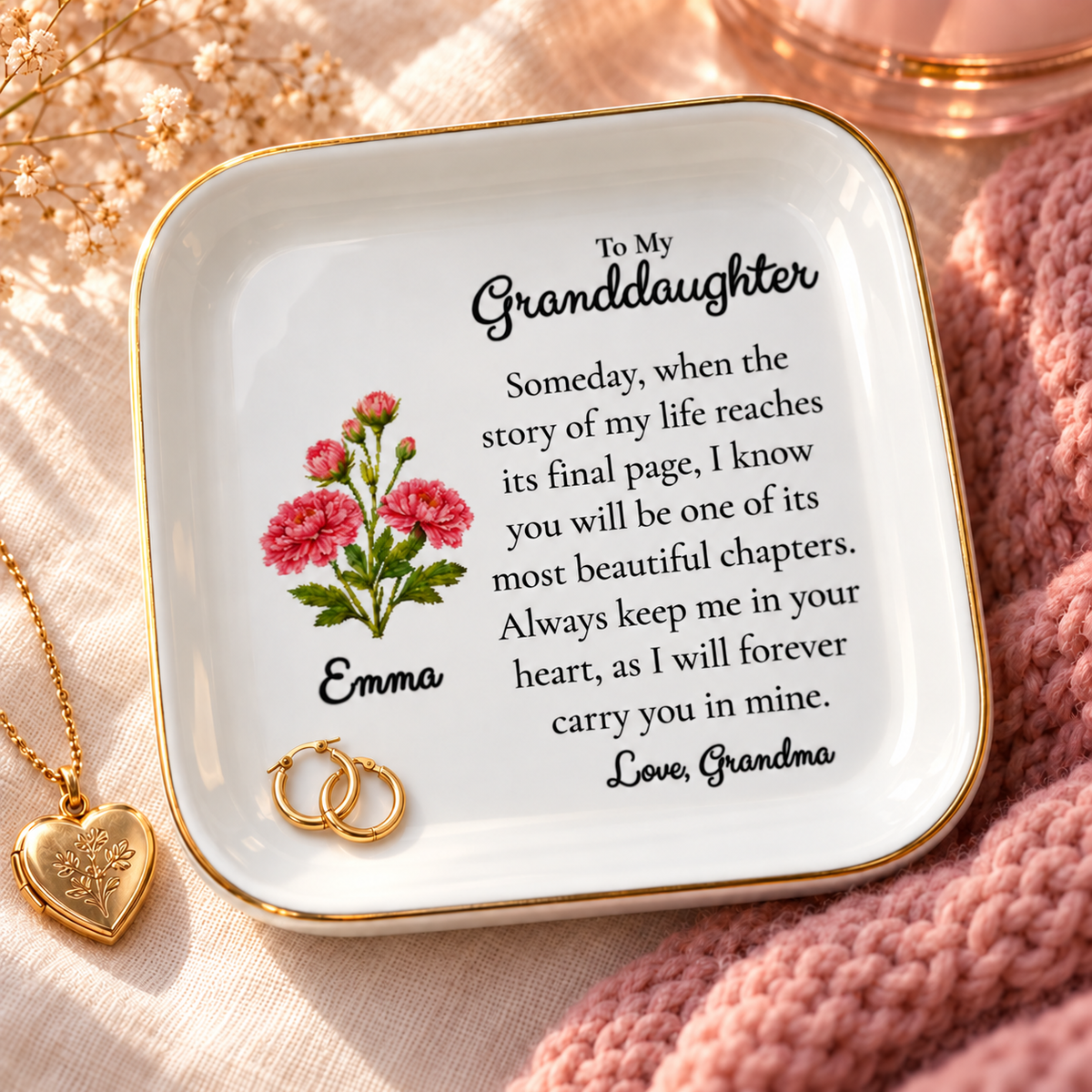 Personalized Granddaughter Birth Flower Jewelry Dish – Gift from Grandma