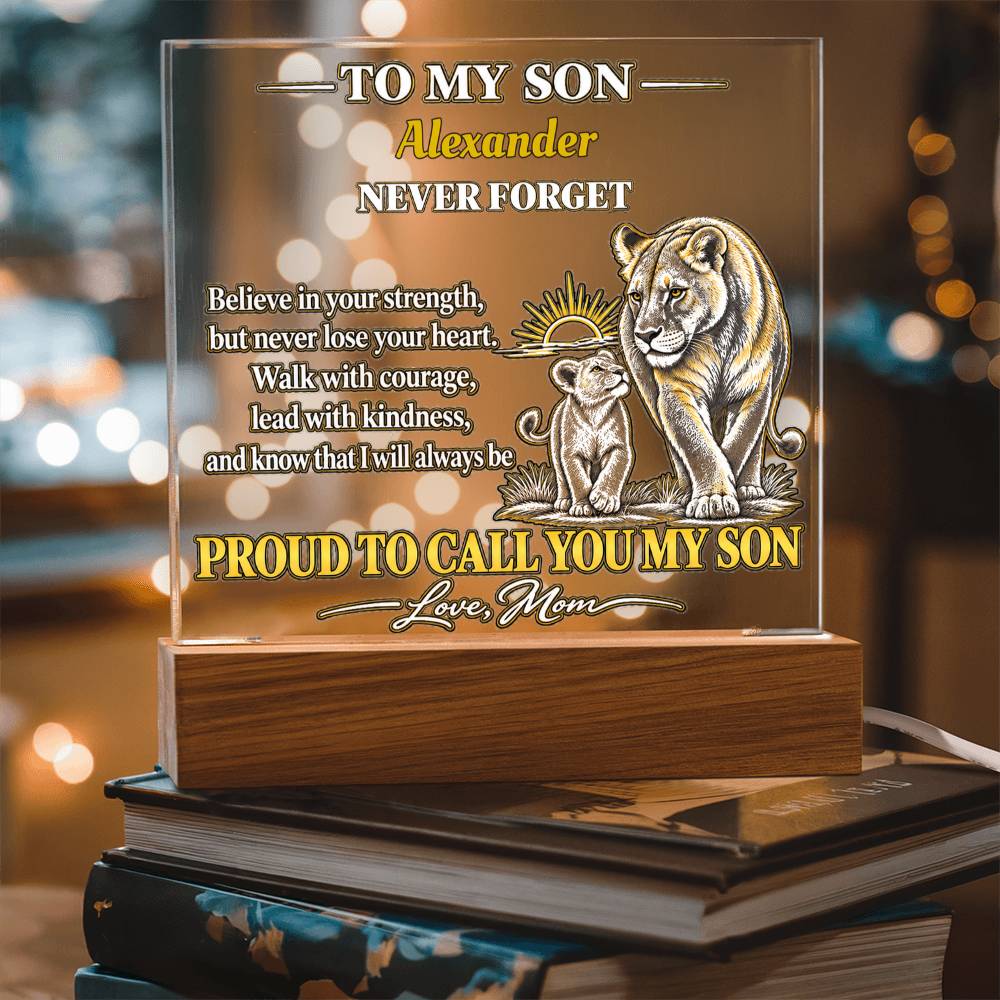 Personalized To My Son Acrylic Plaque, Lioness and Cub Gift from Mom, Custom Son Name LED Light, Birthday or Graduation Gift